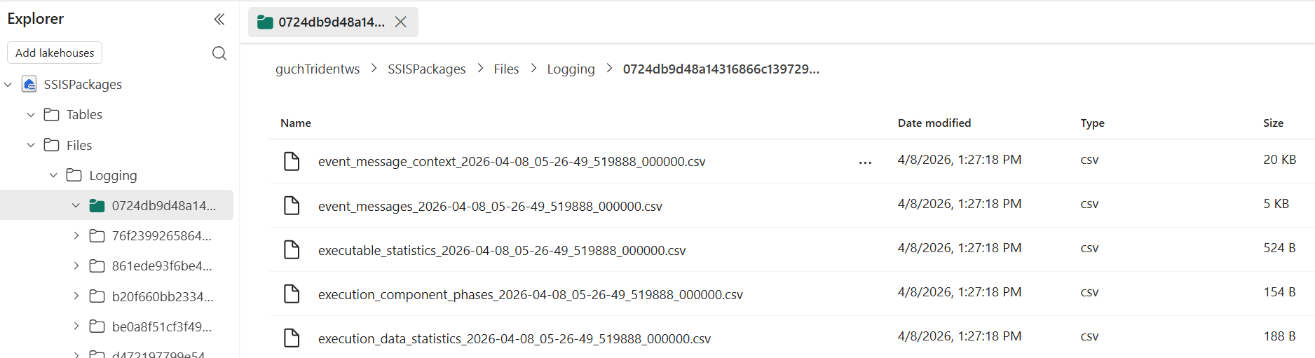Screenshot showing the OneLake log files for the Invoke SSIS Package activity.
