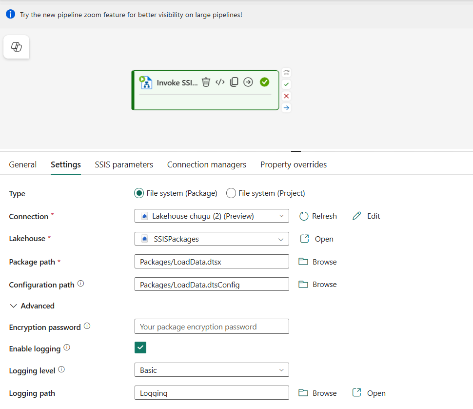 Screenshot showing the Settings tab of the Invoke SSIS Package activity.