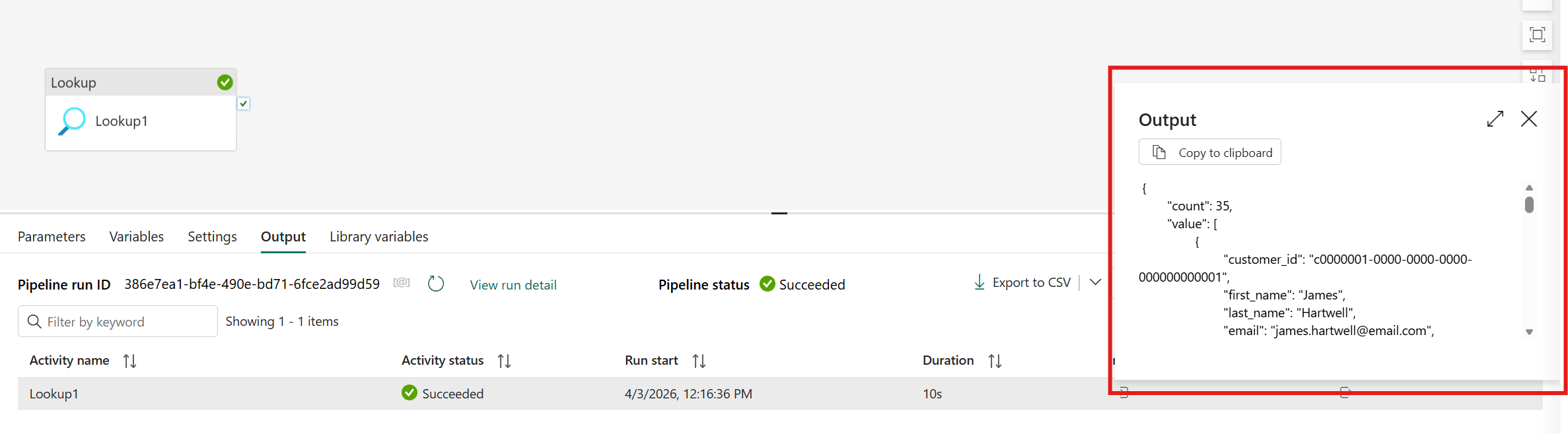 Screenshot showing the Lookup activity output after running.
