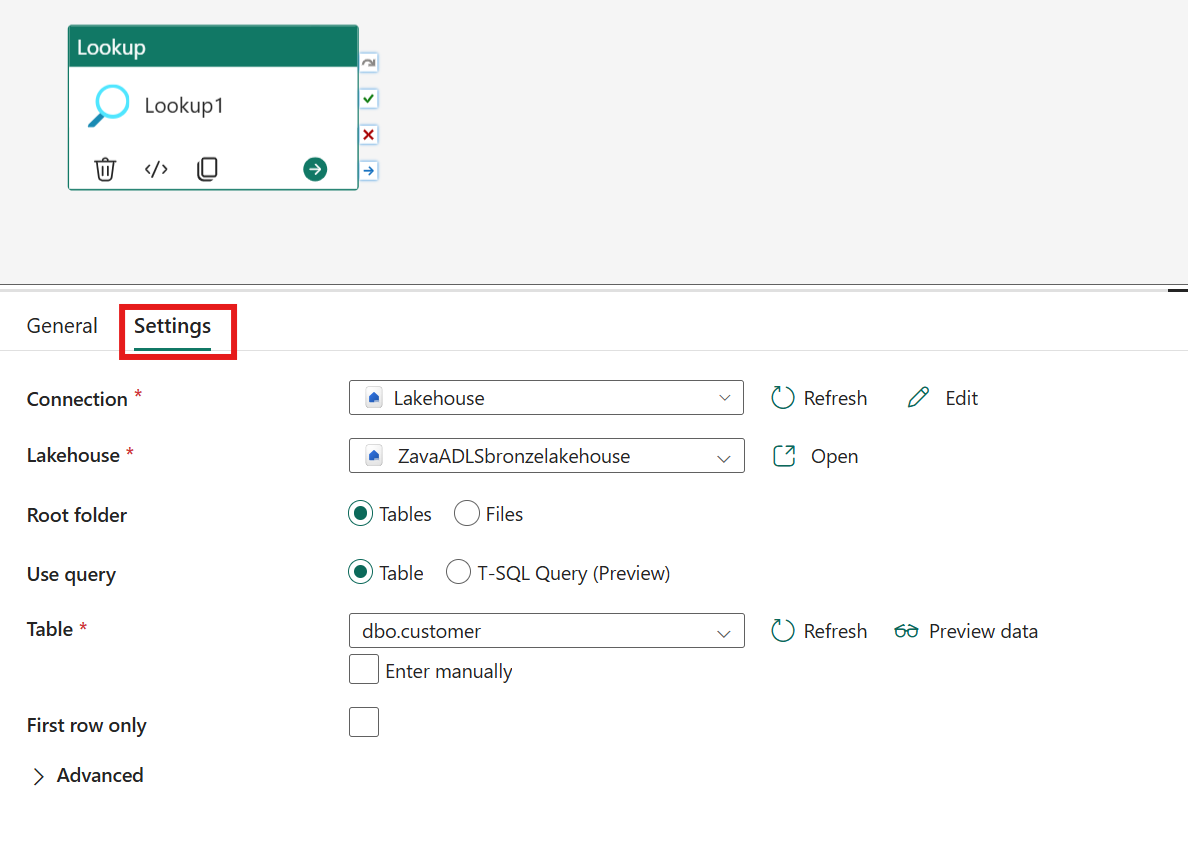 Screenshot showing the Lookup activity settings tab highlighting the tab, and where to choose a new connection.