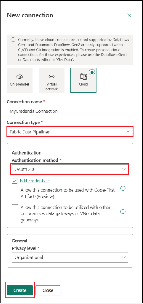 Screenshot of adding a new credential connection.