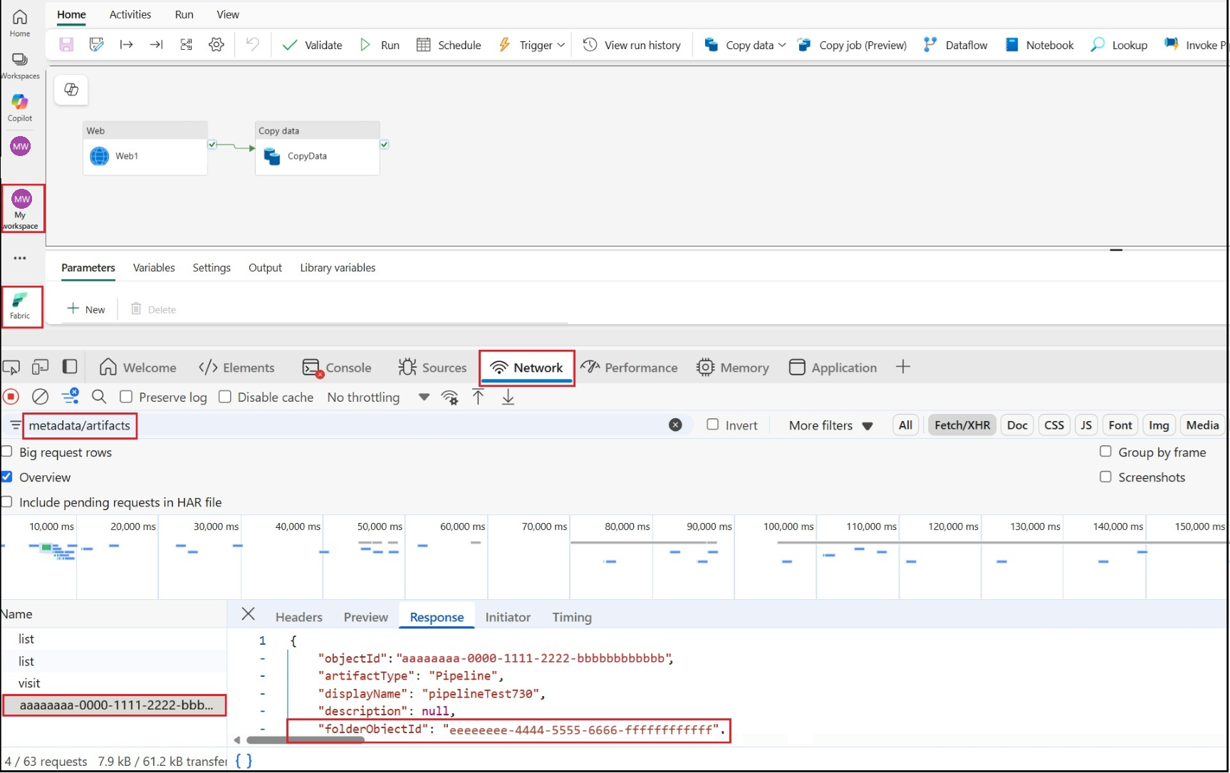 Screenshot of the network response that shows folderObjectId for My Workspace.