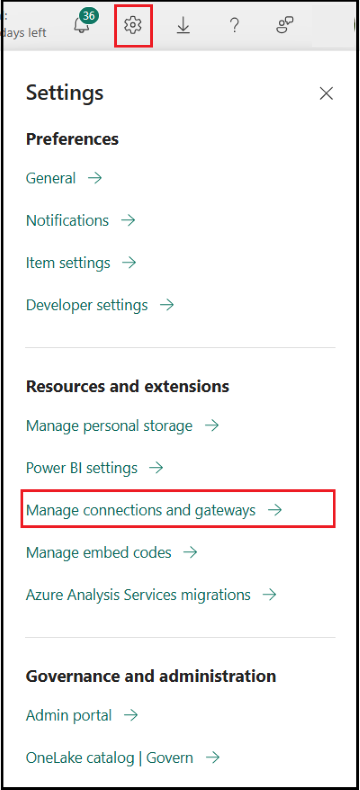 Screenshot of the Manage connections and gateways link under the settings menu.