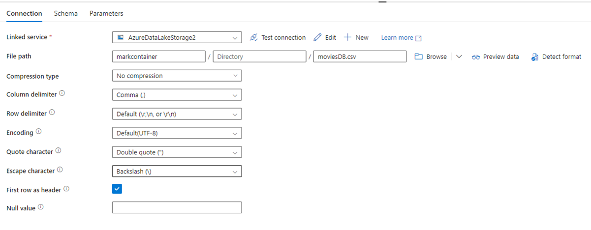 Screenshot of the ADF dataset configuration page.