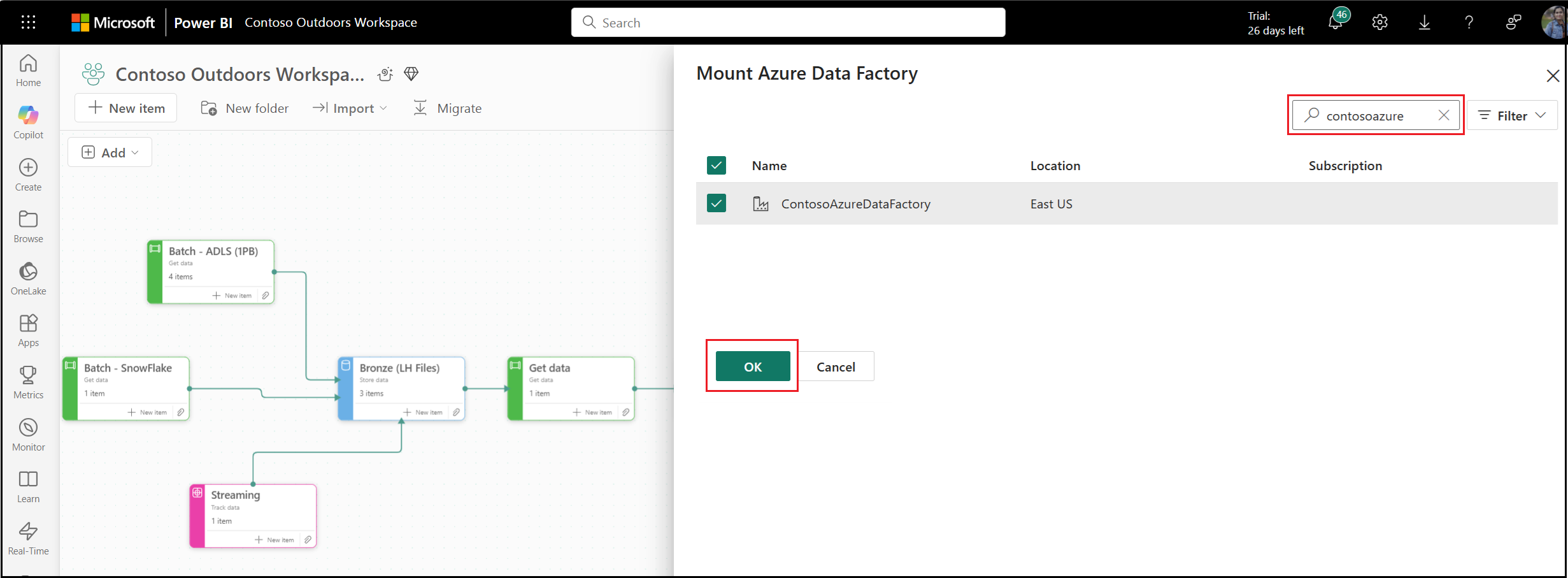 Screenshot showing the Azure Data Factory dropdown selection in Fabric.