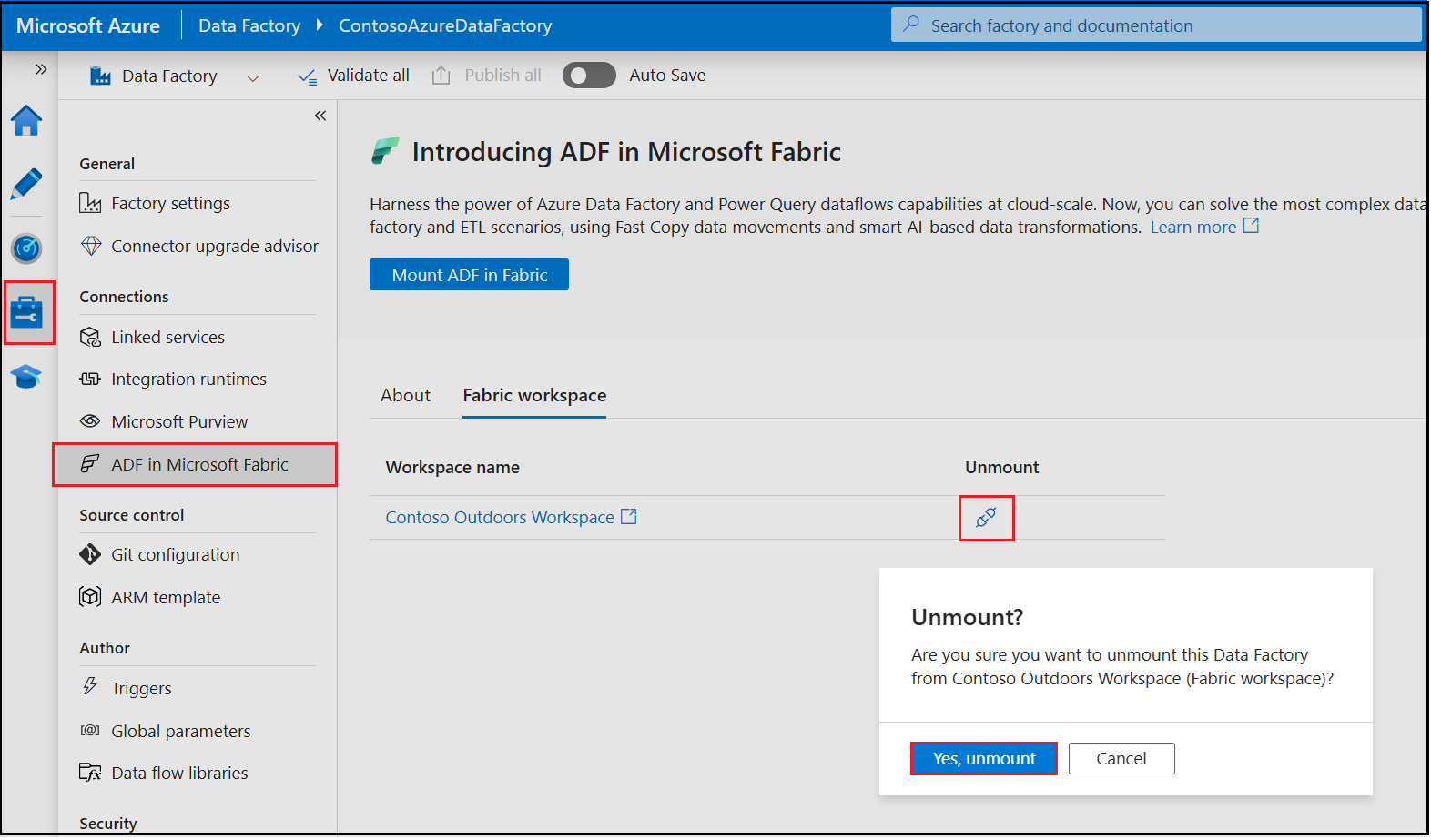 Screenshot showing unmount Azure Data Factory Item in ADF.