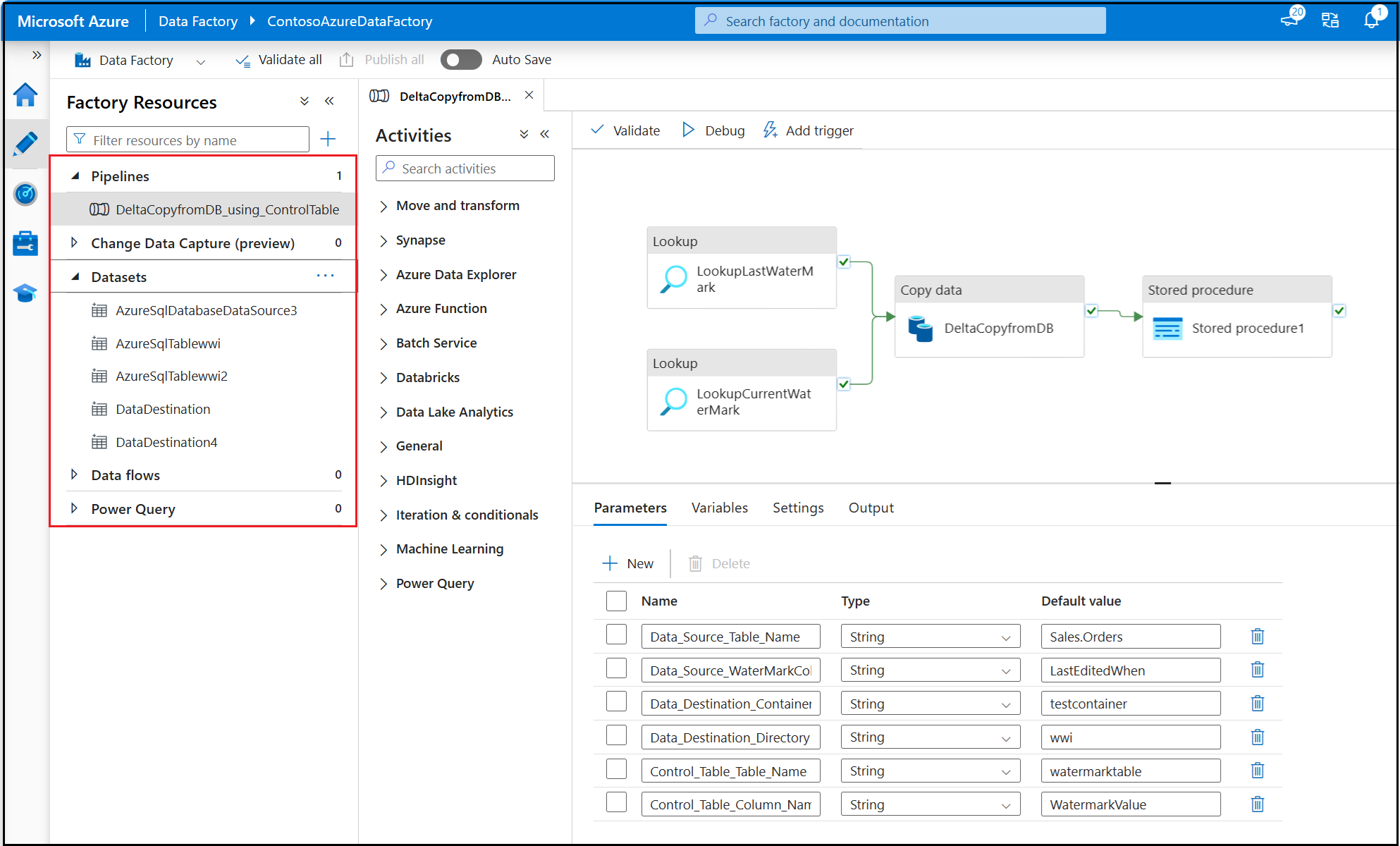 Screenshot showing pipeline items ADF.