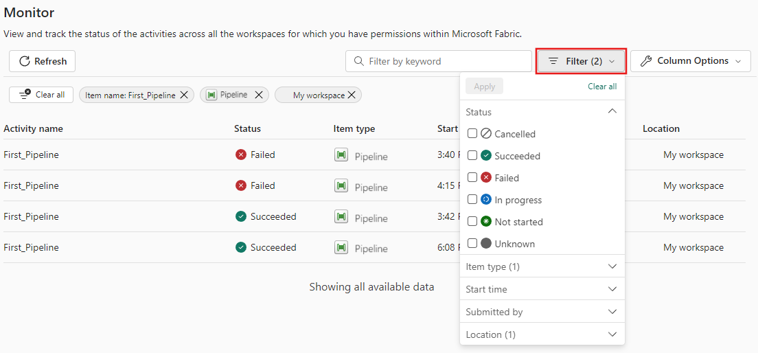 Screenshot of filter options.