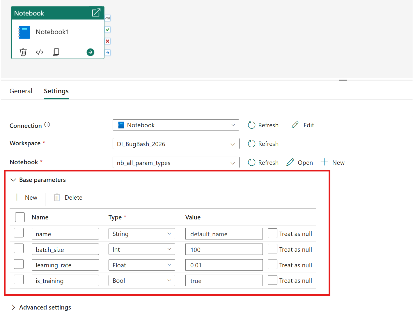 Screenshot showing the base parameters on the Notebook activity auto-populated.
