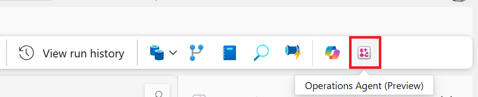 Screenshot showing the Home ribbon in the pipeline canvas with the operations agent option.