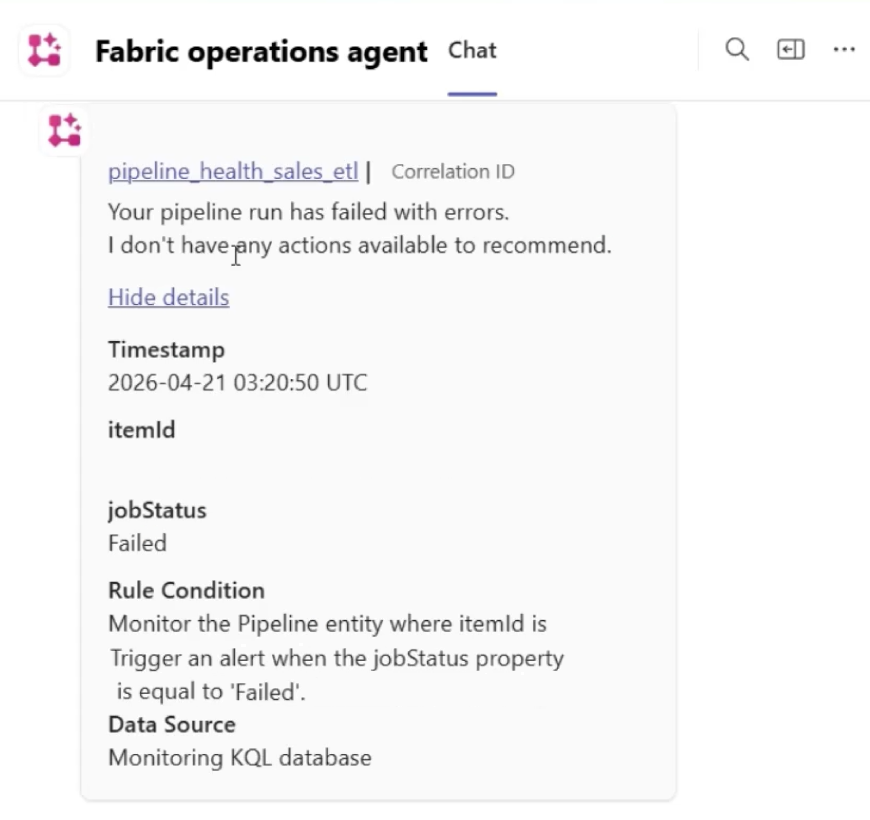 Screenshot showing a Teams notification from the operations agent with pipeline failure monitoring insights.