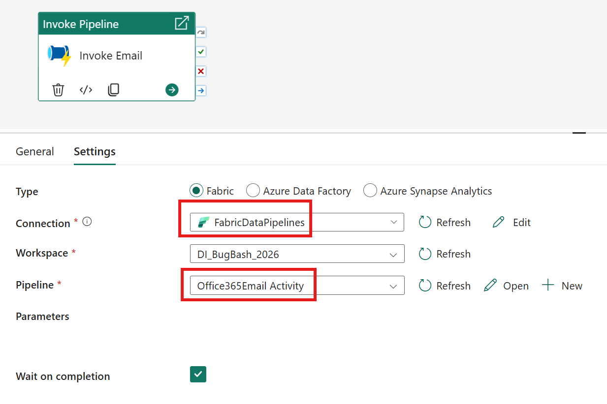 Screenshot showing an invoke pipeline activity for the previously created email activity.