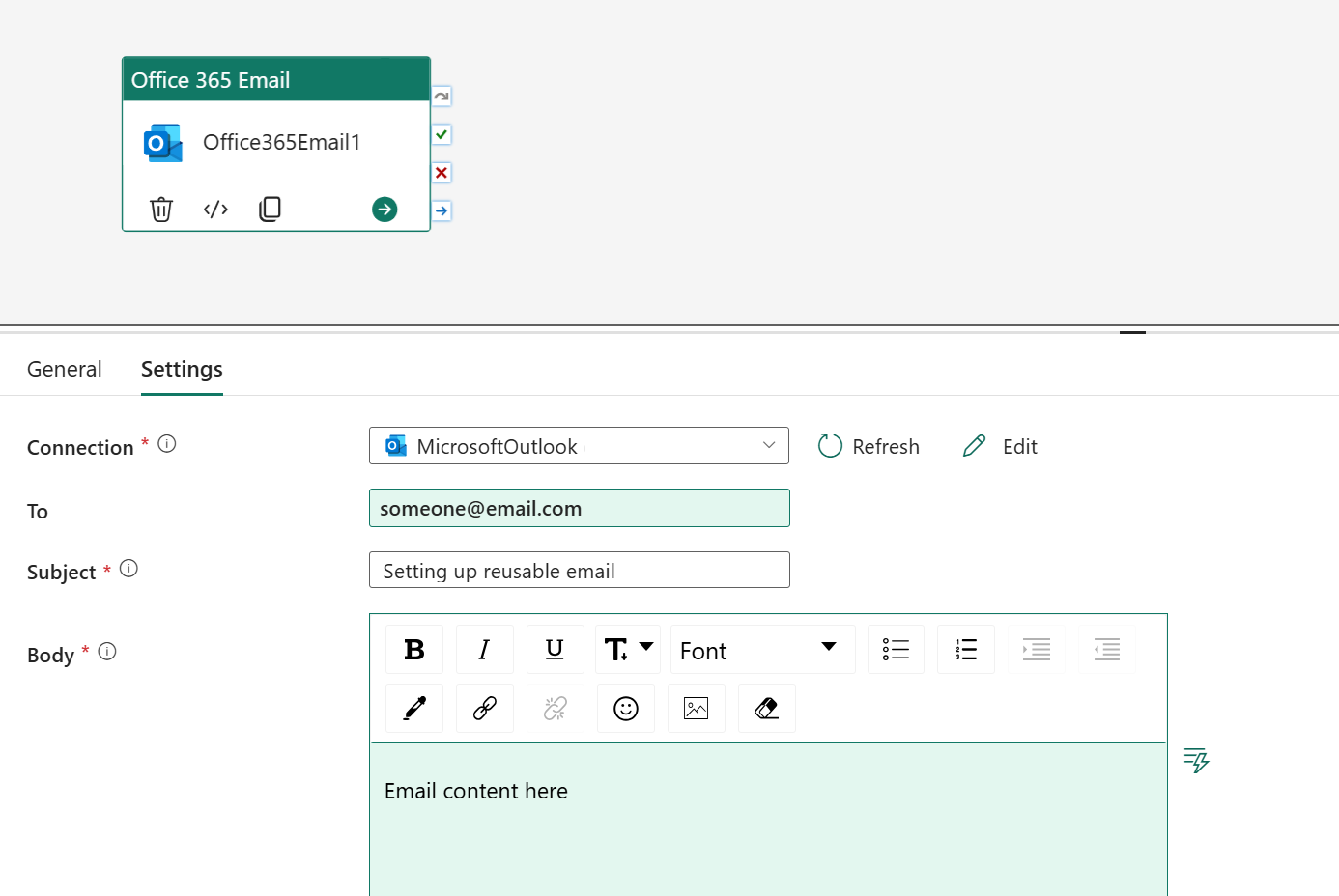 Screenshot showing the Settings tab and setting up a reusable Office 365 Outlook activity.