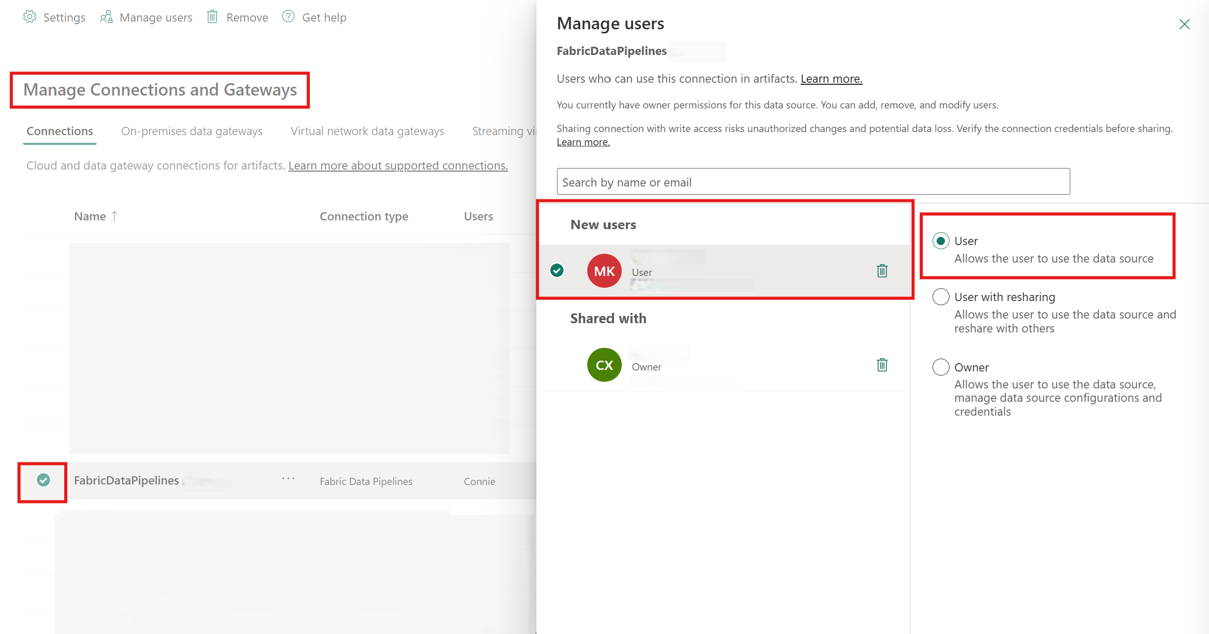 Screenshot showing how to share a Pipeline connection.
