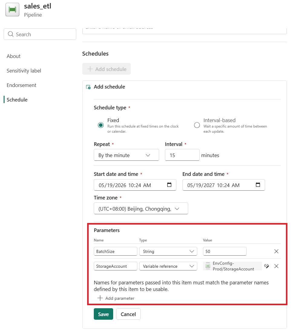 Screenshot showing the schedule configuration with parameters section where you can add parameter names and values.
