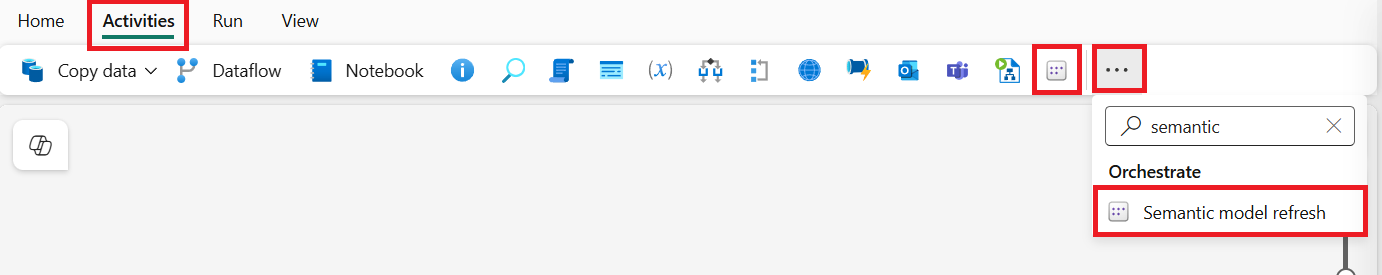 Screenshot showing how to add a new Semantic model refresh activity to a pipeline from the Activities bar.