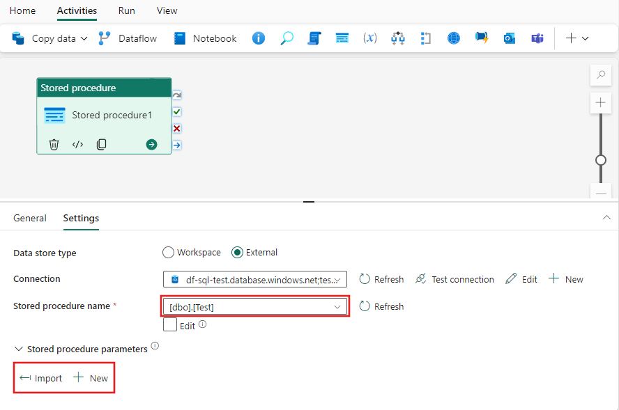 Screenshot showing where to select the stored procedure and optionally configure its parameters.