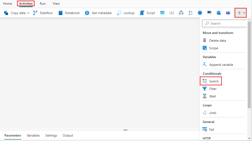 Screenshot of the Fabric UI with the Activities pane and switch activity highlighted.
