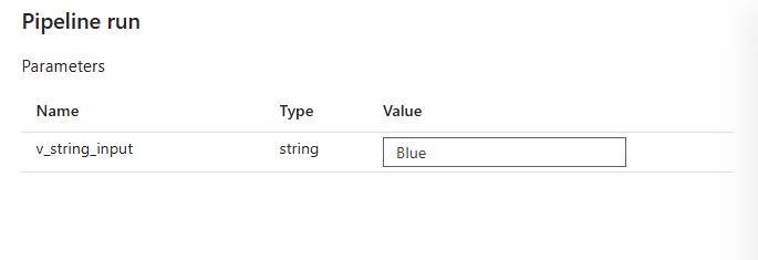 Screenshot showing pipeline run input with parameter values used by the switch expression. The input is 'blue' in this example.