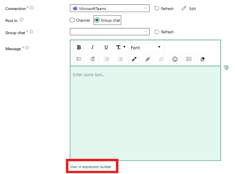 Screenshot showing the Settings tab of the Teams activity highlighting the link to select to use dynamic expressions.