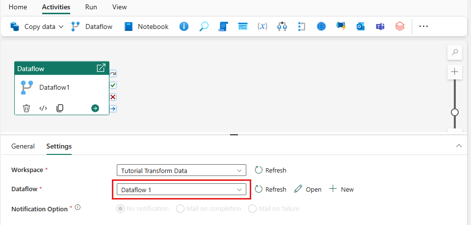 Screenshot of selecting a dataflow.