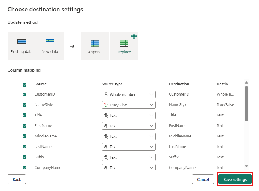 Screenshot of the Choose destination settings dialog.