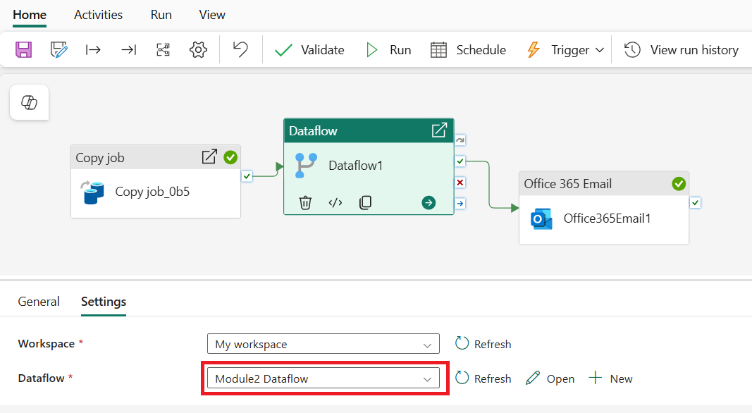 Screenshot showing the Settings tab of the Dataflow activity.