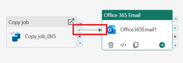 Screenshot showing the connection of the success output from the Copy job activity to the new Office 365 Outlook activity.