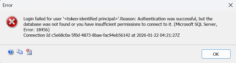 Screenshot of the SSMS error message when a valid initial catalog isn't provided.