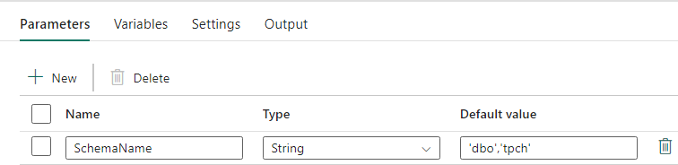 Screenshot from Data Factory showing the Parameters tab of a Pipeline. In the Name field, 'SchemaName'. In the Default value field, 'dbo','tpch', indicating these two schemas should be migrated.