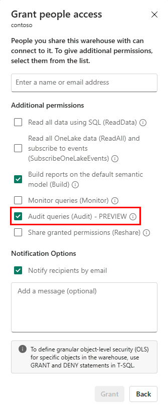 Screenshot showing where to select the Audit queries (Audit) permission on the item Share menu.