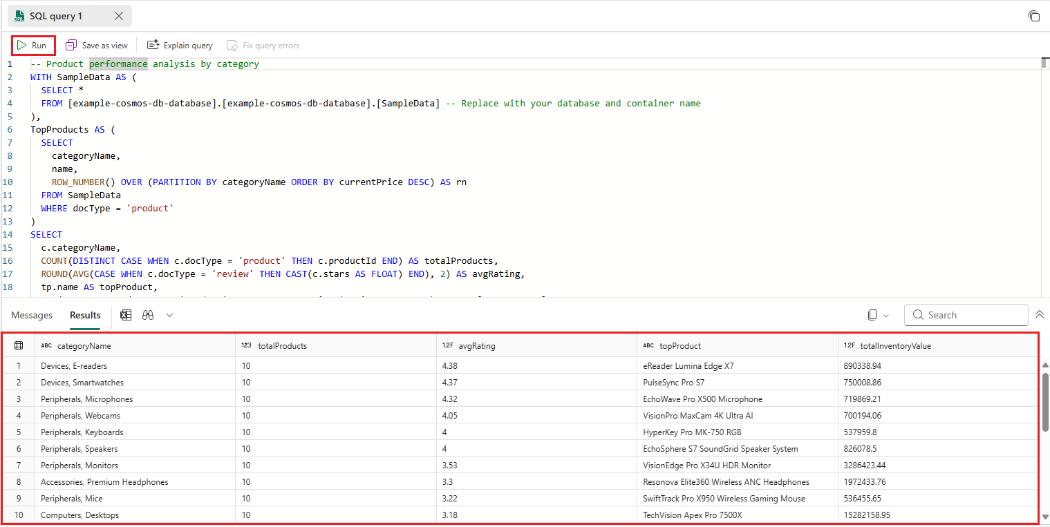 Screenshot of advanced Transact SQL (T-SQL) query using the query editor in the SQL analytics endpoint for an advanced scenario.