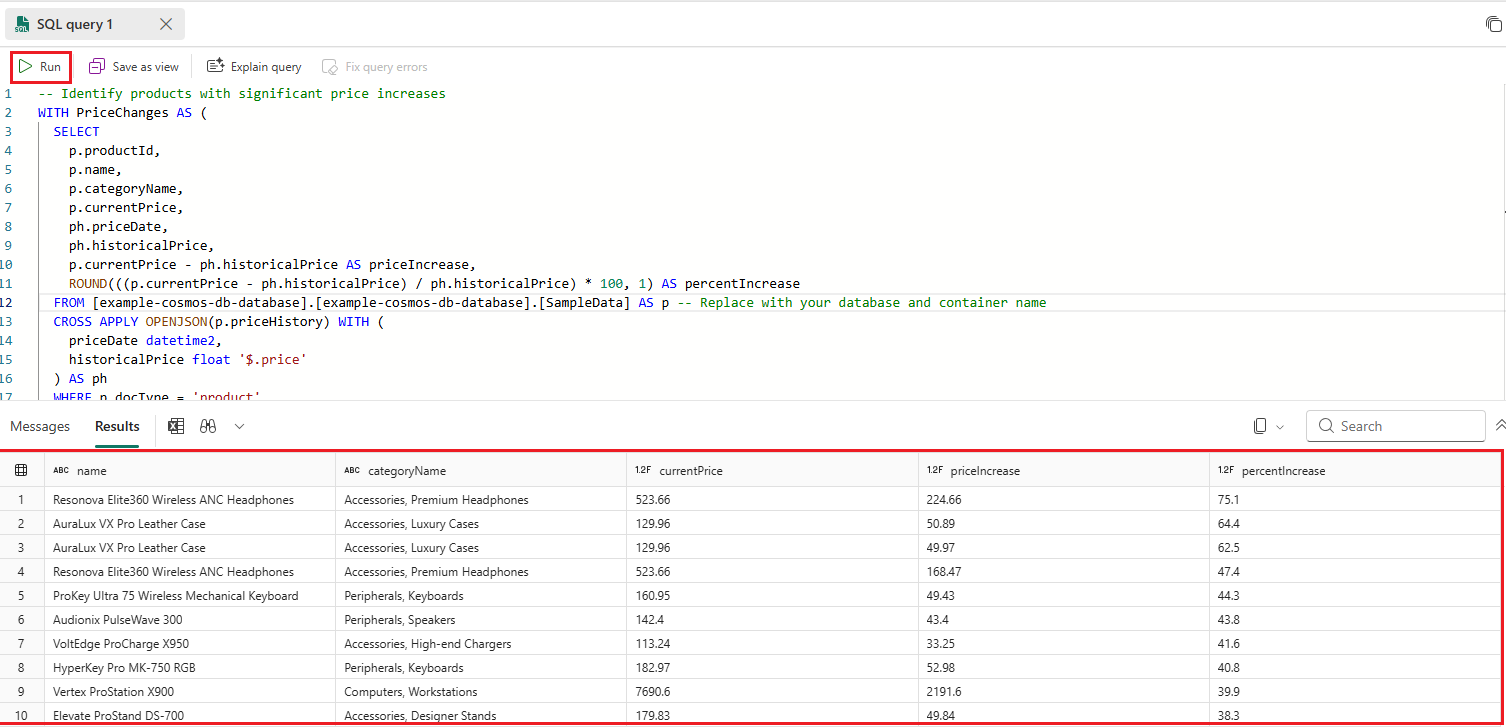 Screenshot of an OPENJSON Transact SQL (T-SQL) query using the query editor in the SQL analytics endpoint for an advanced scenario.