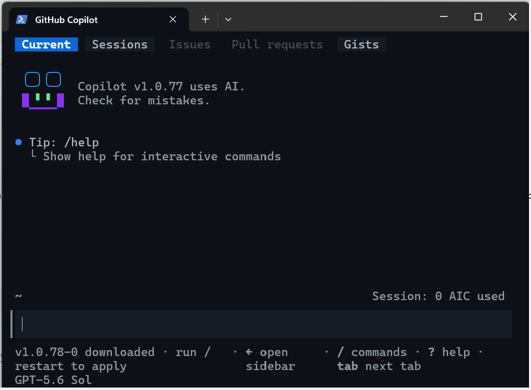 Screenshot of a PowerShell terminal displaying the GitHub Copilot interface.