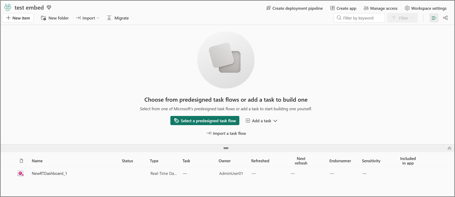 Screenshot of a workspace with a Real-Time Dashboard.