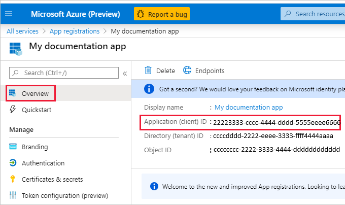 Screenshot of the new app registration in Entra ID.