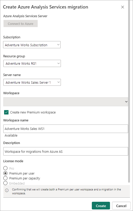 Screenshot of the Create Azure Analysis Services migration flyout for a new Premium Per User workspace.