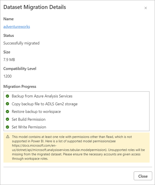 Screenshot of the Migration Details flyout showing the completed migration and any issues.