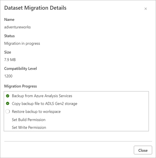 Screenshot of the Migration Details flyout showing the migration status and progress.