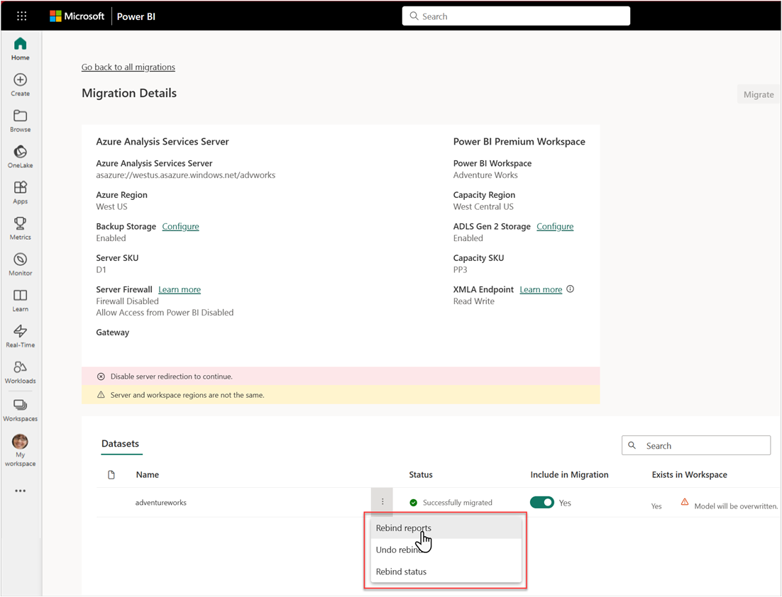 Screenshot of the Migration details page with the Rebind reports option for the migrated model.