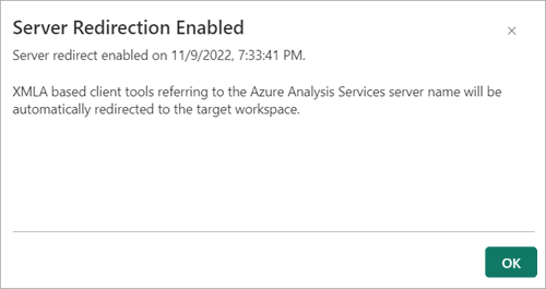 Screenshot of the Server Redirection flyout showing the status of the redirection.