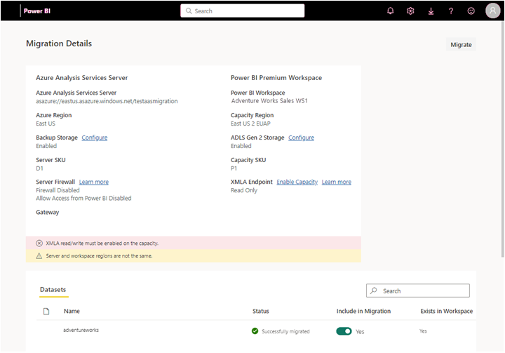 Screenshot of the Migration Details page showing Azure Analysis Services server and Power BI workspace settings.