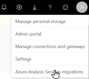 Screenshot of the Power BI settings menu with the Manage Azure AS migrations option highlighted.