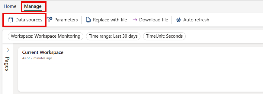 Screenshot of the Manage menu with the Data Sources option.
