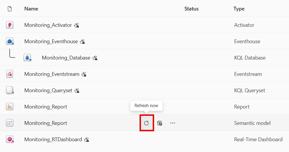 Screenshot of the refresh option for the Semantic model item.