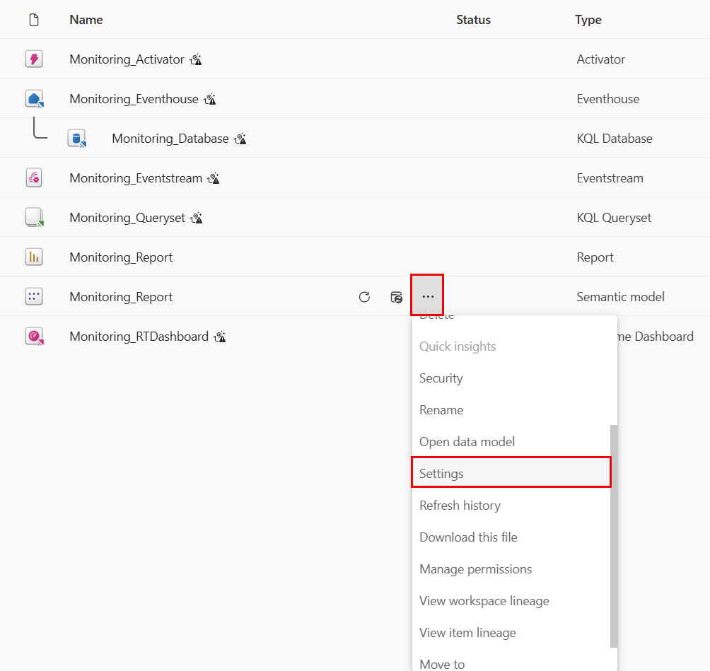 Screenshot of the dropdown menu with the Settings option highlighted.