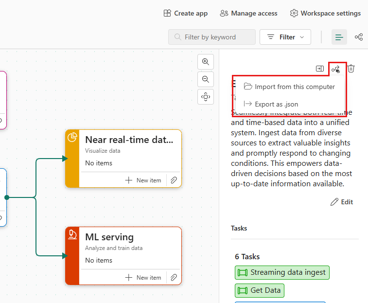 Screenshot showing how to access the import task flow and export task flow options.