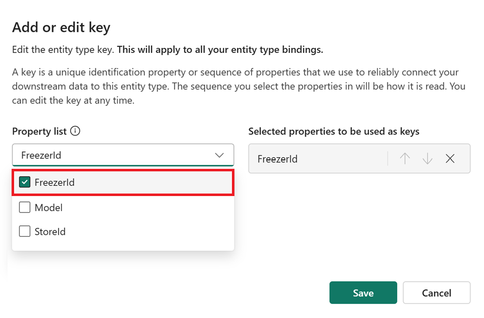 Screenshot of adding an entity type key.