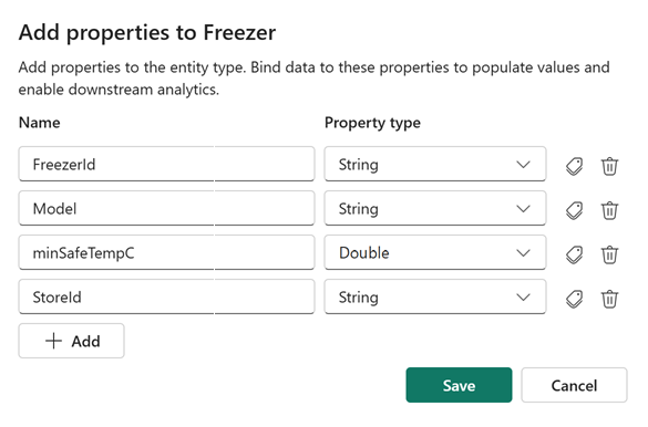 Screenshot of the properties for the Freezer entity type.
