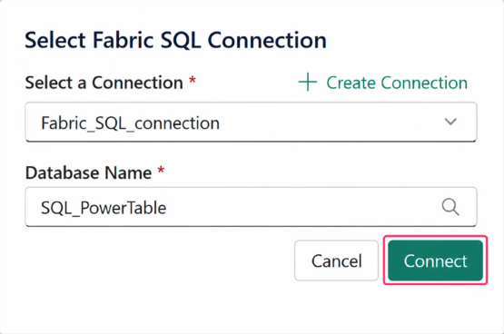 Screenshot of selecting connect to connect to the database.